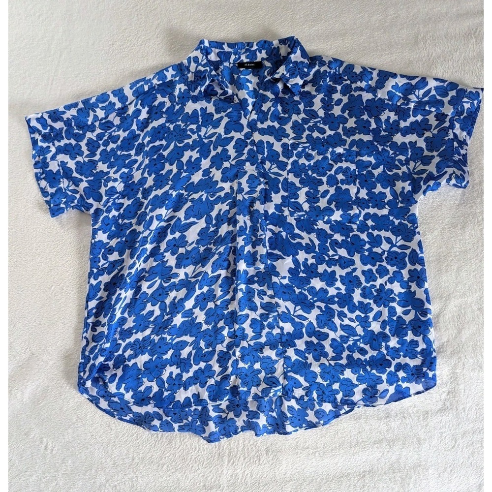 Alfani Cobalt‎ Blue & White Floral Short Sleeve Blouse Women's Size XL Casual
